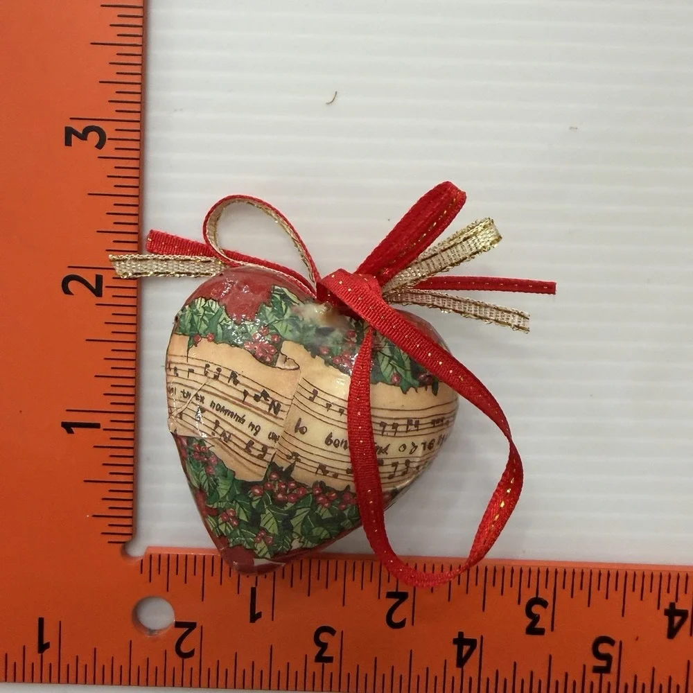 Vintage Decoupage Christmas Ornament Set Of 2 Bell & Heart Holiday Music Holly